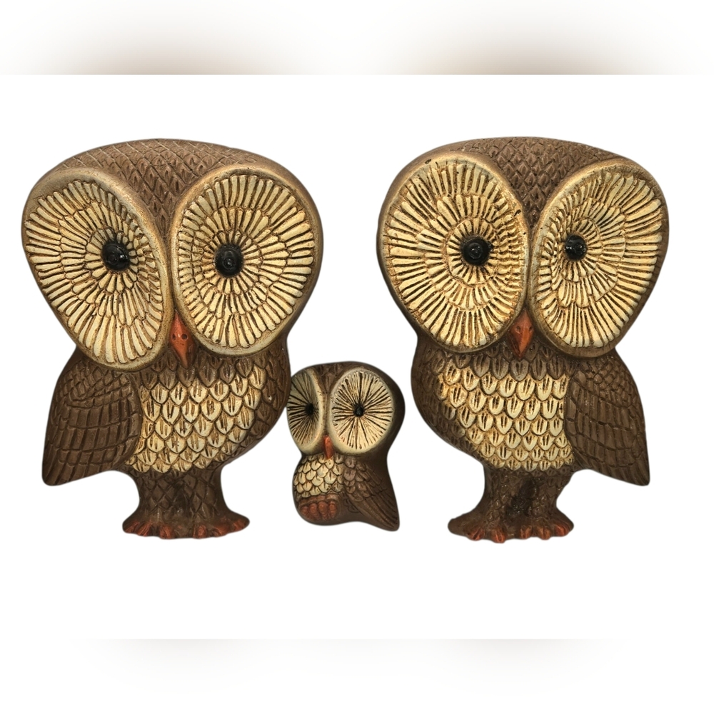 Vintage 1970s Brown Big Eye Owl Family of Three Hard Foam Wall Plaques Art Decor